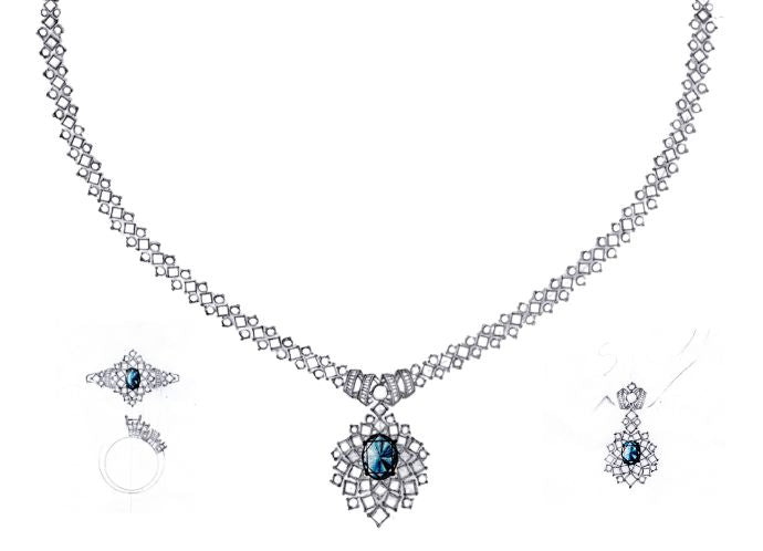 Hand-drawn sketch of an elegant diamond necklace design. The intricate illustration features detailed diamond placements and a graceful, sophisticated layout, showcasing the creative process behind crafting a bespoke piece of fine jewellery at the state of art factory of Liyana Jewellery