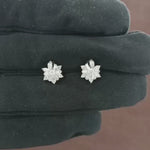 Load and play video in Gallery viewer, Video showcasing the 0.76 CT natural round, marquise, straight, and tapered baguette cut diamond stud earrings set in 18kt white gold, highlighting their brilliant diamond sparkle and intricate design.
